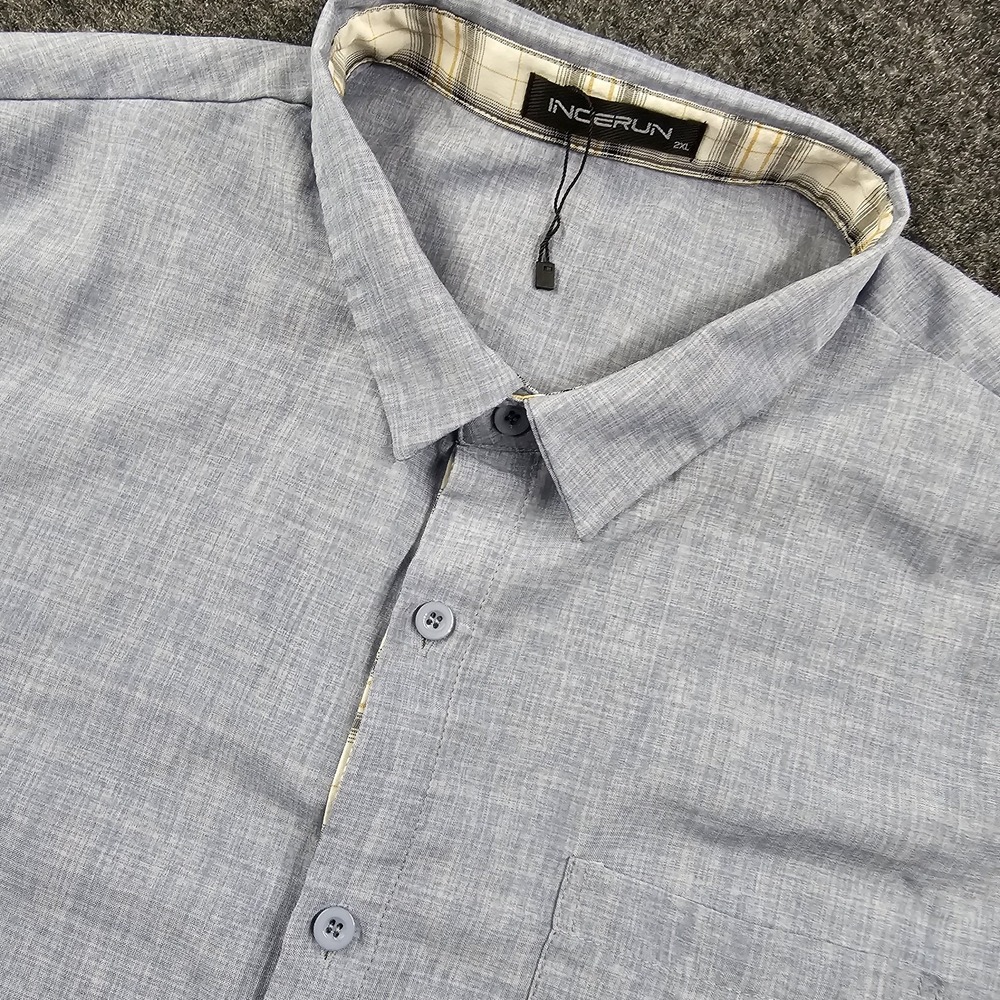 INCERUN Button Up Shirt Mens 2XL‎ Gray Casual Lightweight Short Sleeve Pocket